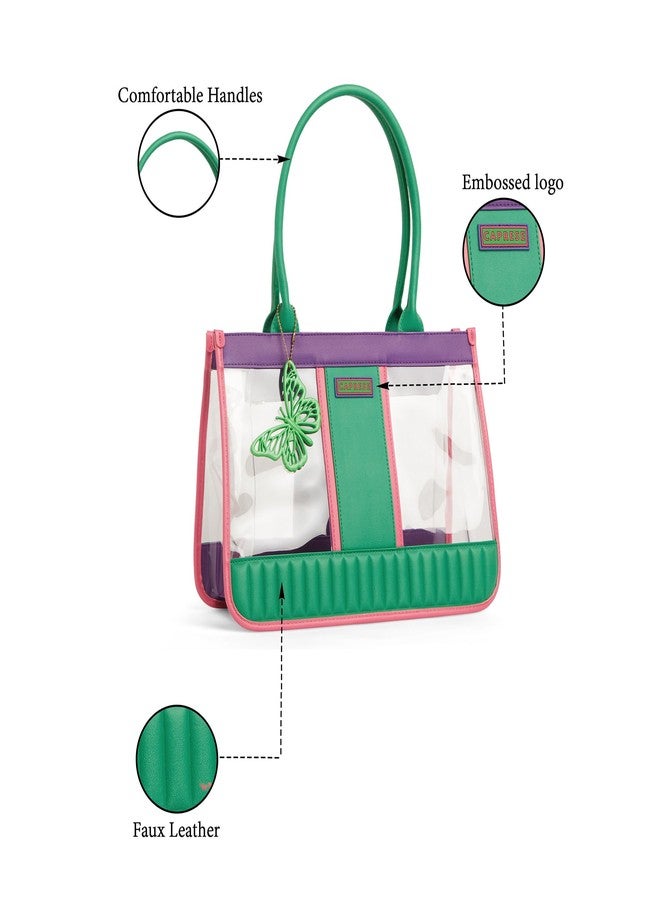 كابريس حقيبة كابريس مادونا الكبيرة لحمل الكمبيوتر المحمول | حقيبة يد شفافة نابضة بالحياة مع حزام كتف قابل للتعديل والفصل، وإغلاق بسحاب آمن | حقيبة كتف | مثالية للاستخدام المكتبي واليومي (أخضر وبنفسجي) - Image 3